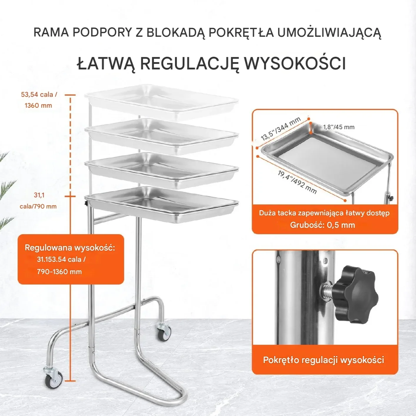 Wózek laboratoryjny stalowy nierdzewny – taca ciche koła - obrazek 4
