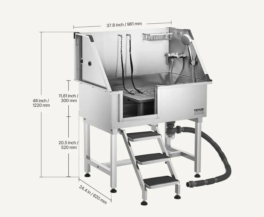 Wanna groomerska 96,5cm stal nierdzewna antypoślizgowe schody drzwi prawe