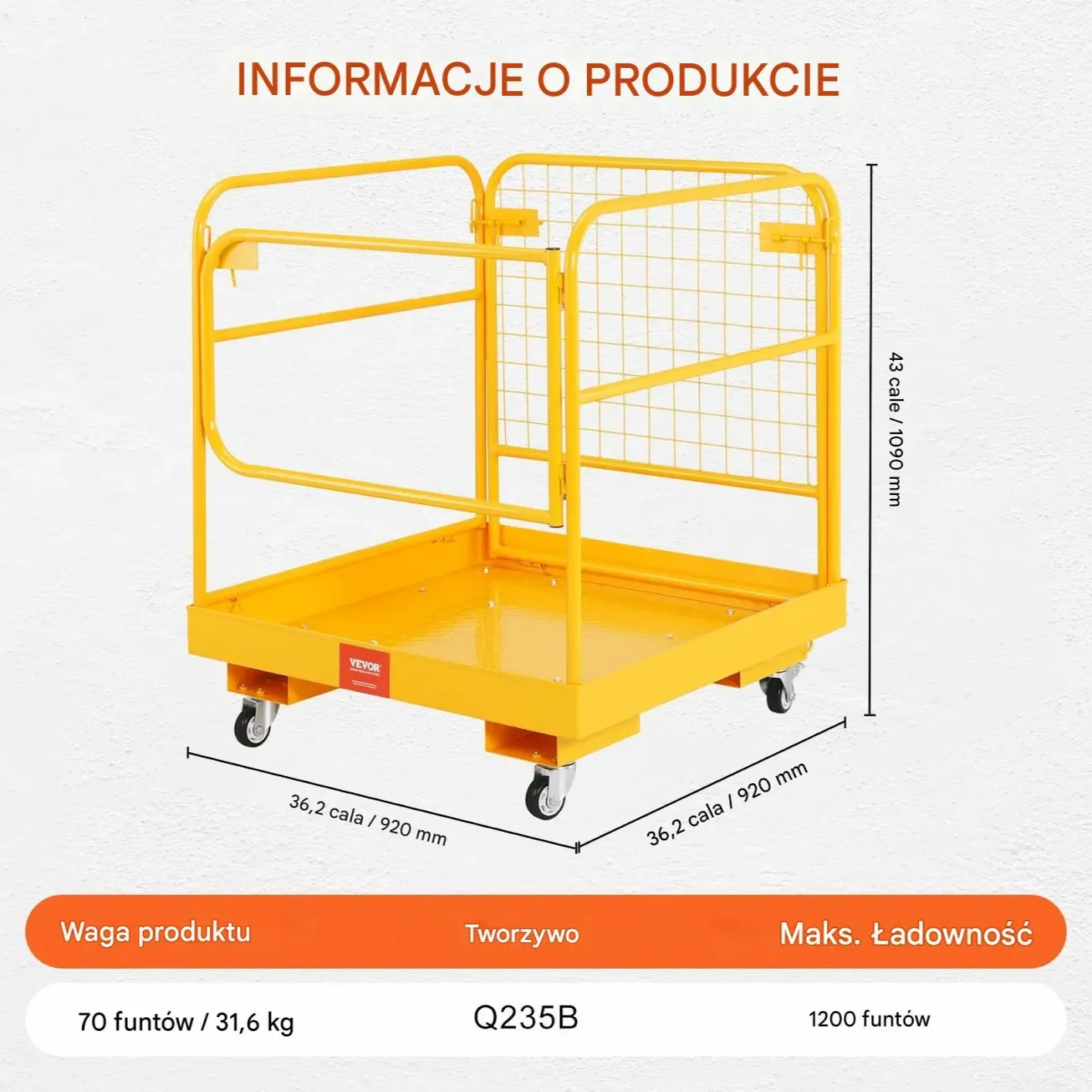 Klatka robocza do wózka widłowego 544kg składana 91×91cm prace na wysokości