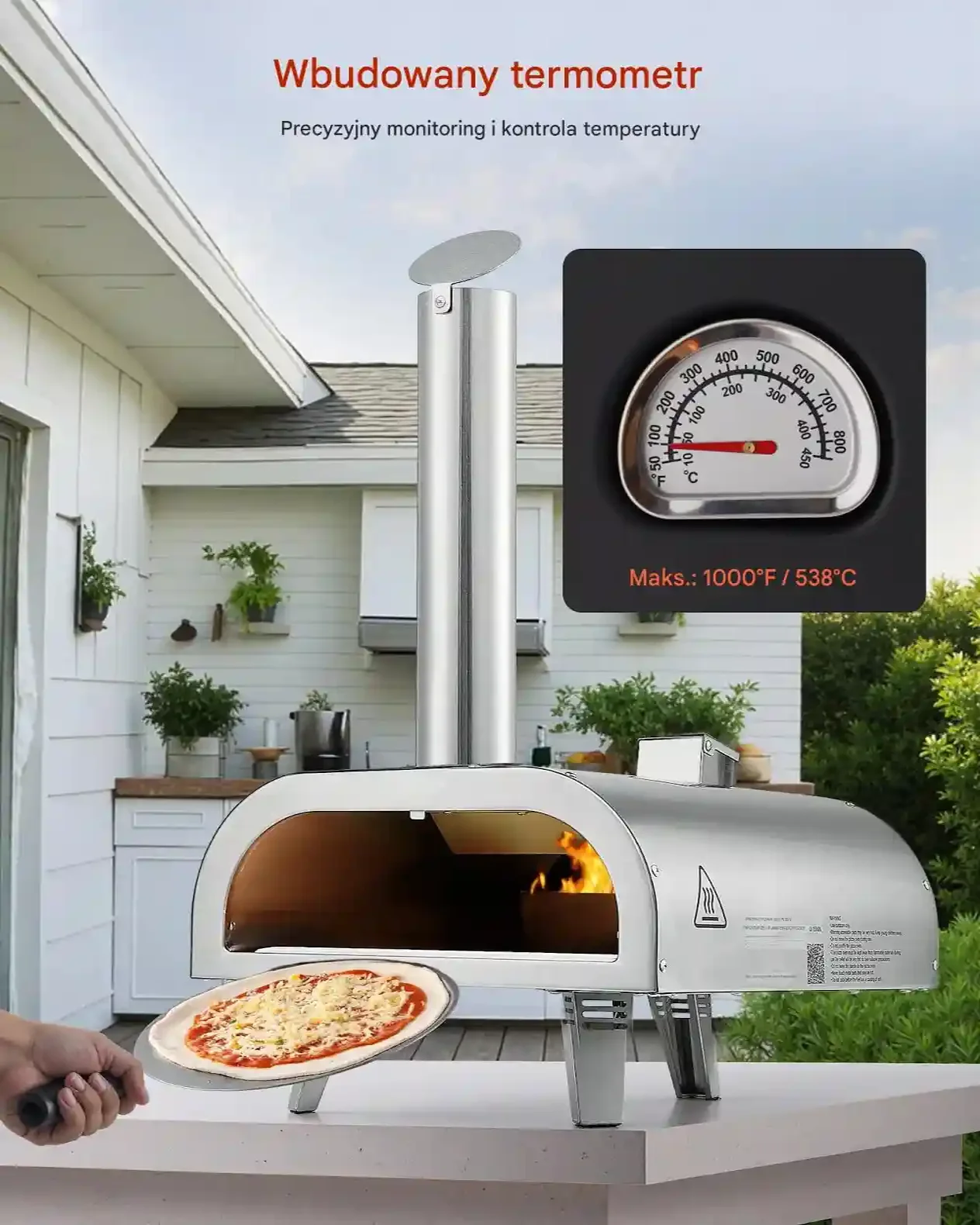 Piec do pizzy 30,5 cm pelletowy, stalowy, termometr – ogrodowy przenośny - obrazek 3