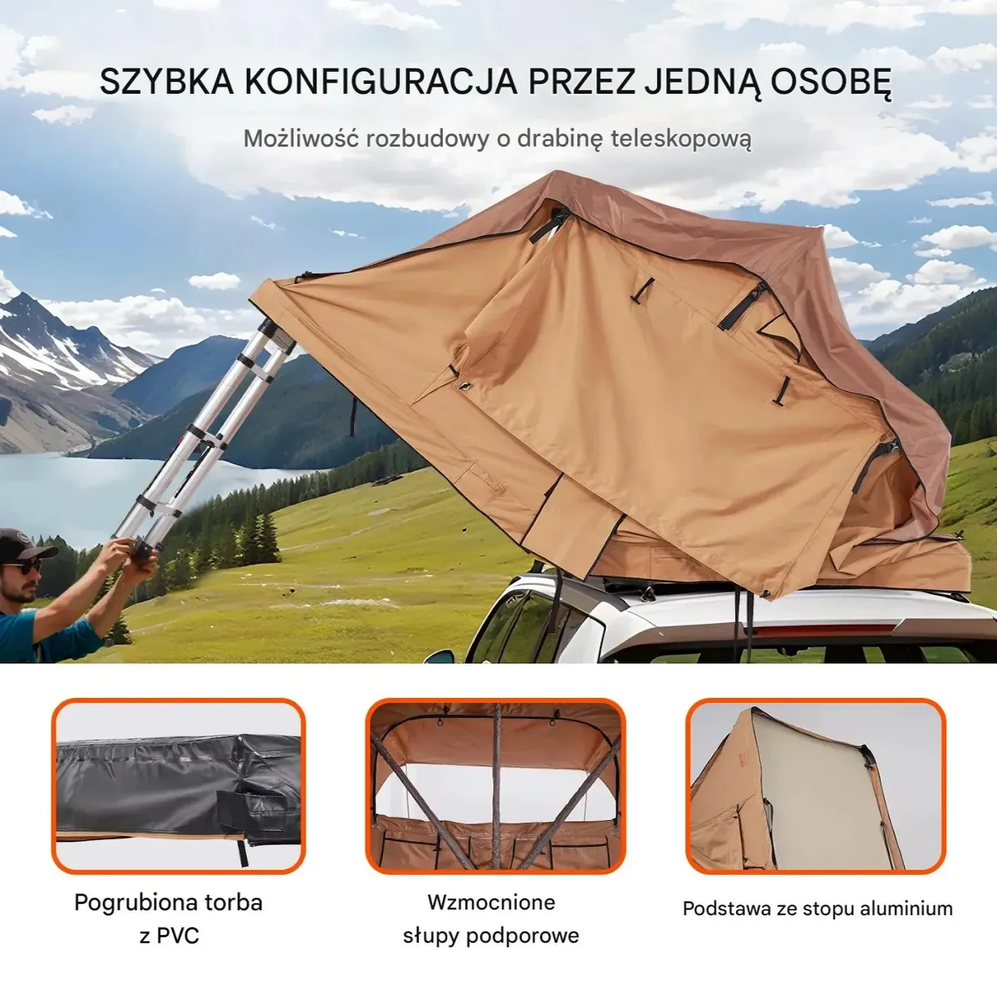 Namiot dachowy hard shell 2–3 os. składany drabinka materac do SUV/pickupa - obrazek 4