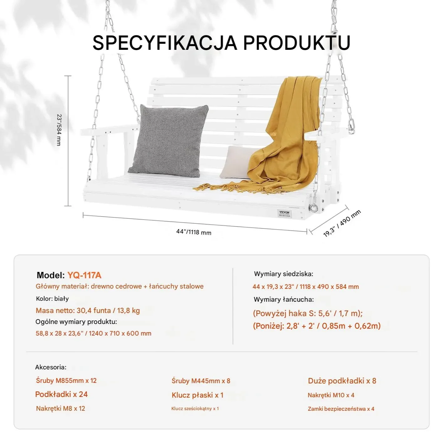 Huśtawka ogrodowa 120cm drewniana biała 400kg łańcuchy altana taras