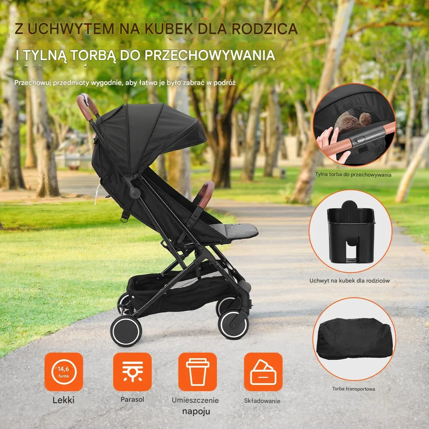 Składany Wózek Spacerowy dla Dzieci 0–3 lata – Czarny - obrazek 2