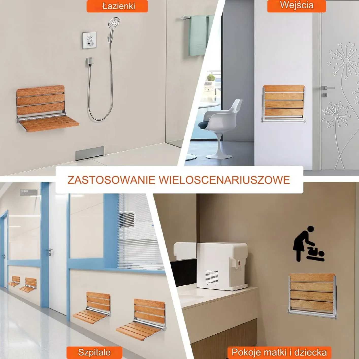 Składane siedzisko prysznicowe dębowe 41x34 cm montaż ścienny - obrazek 4