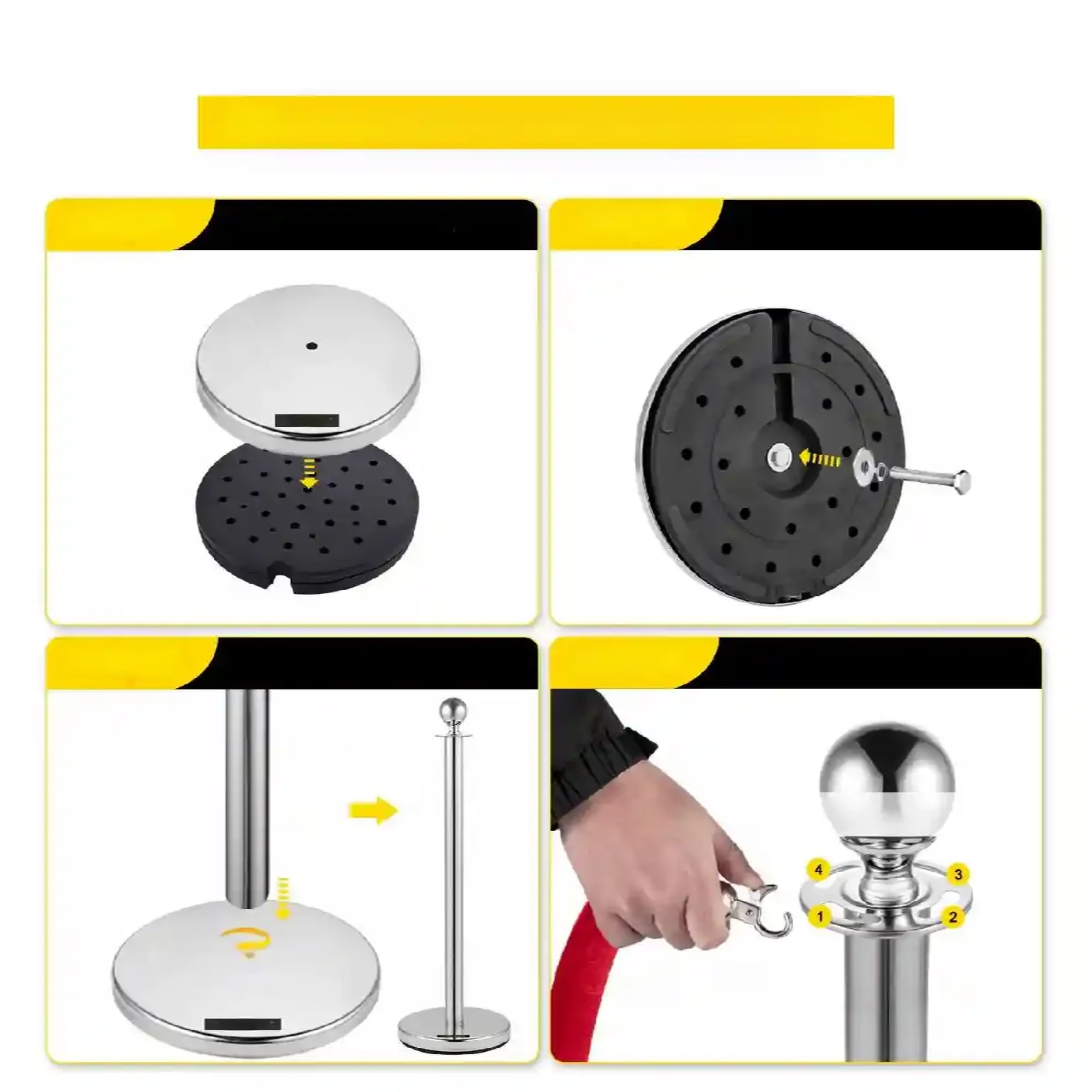 SŁUPKI ODGRADZAJĄCE HOTELOWE SREBRNE 4 + 2 CZERWONE LINY 1.5m - obrazek 4