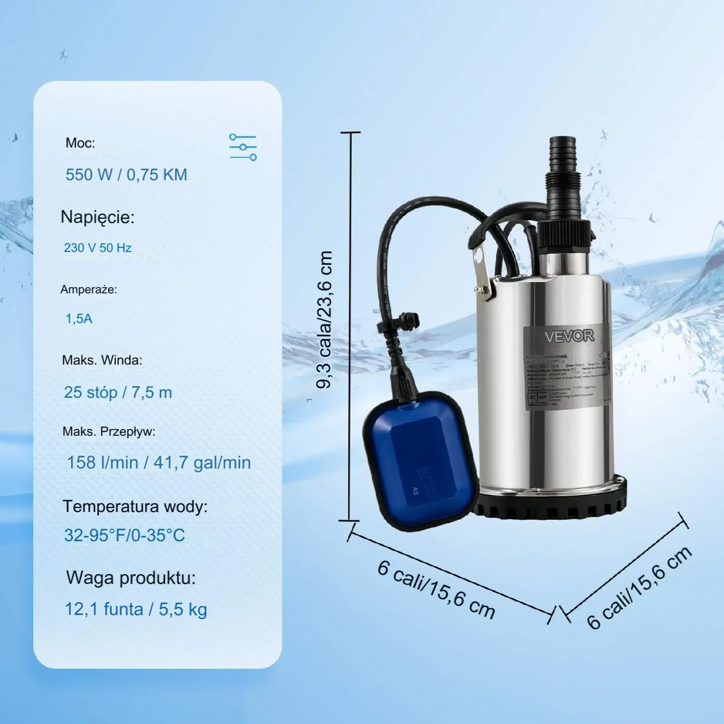 Pompa głębinowa membranowa górnossąca do wody studni zanurzeniowa 550 W - obrazek 5