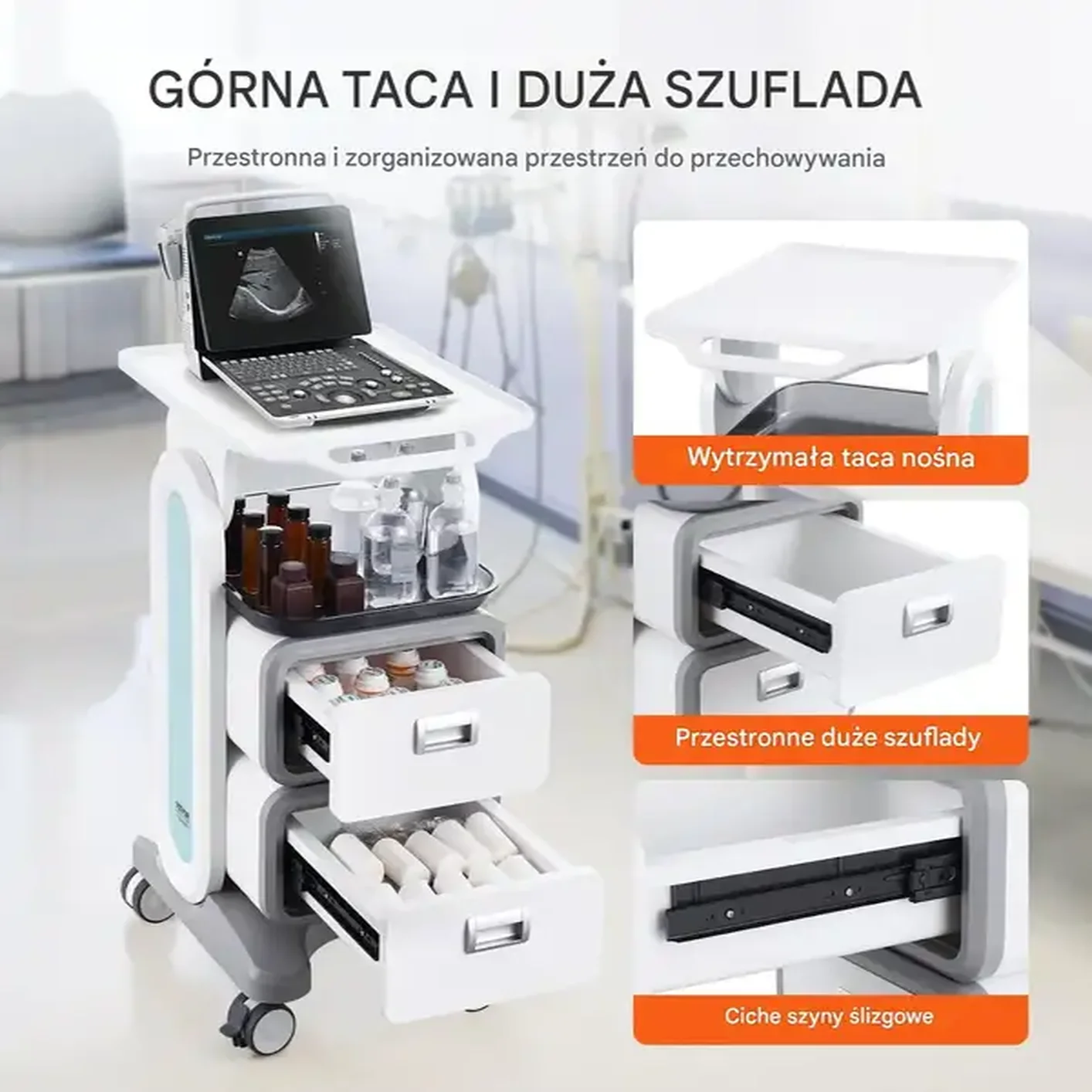 Wózek laboratoryjny 3-poziomowy szuflady mobilny do laboratorium i kliniki - obrazek 2