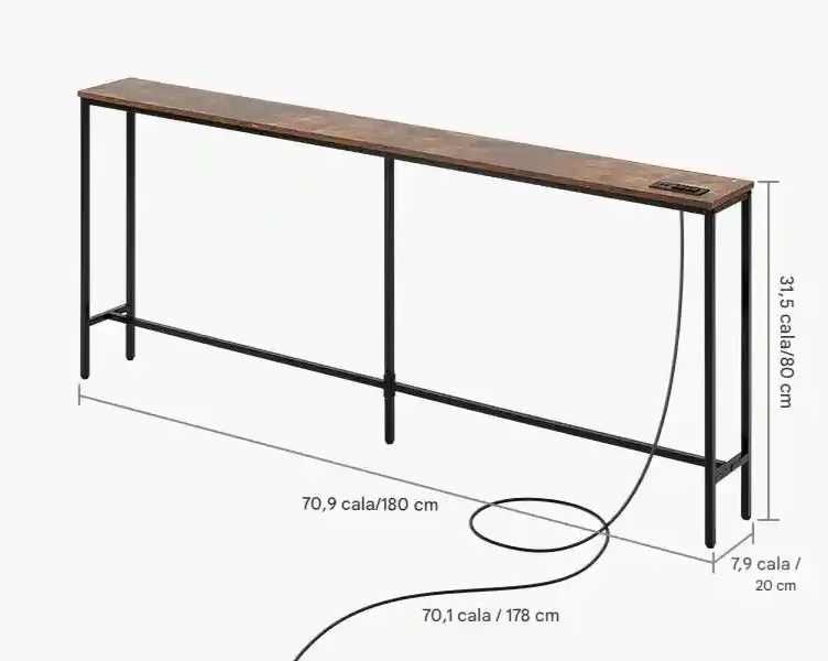 Konsola wąska 180 cm z gniazdkami metalowa półka do salonu i przedpokoju