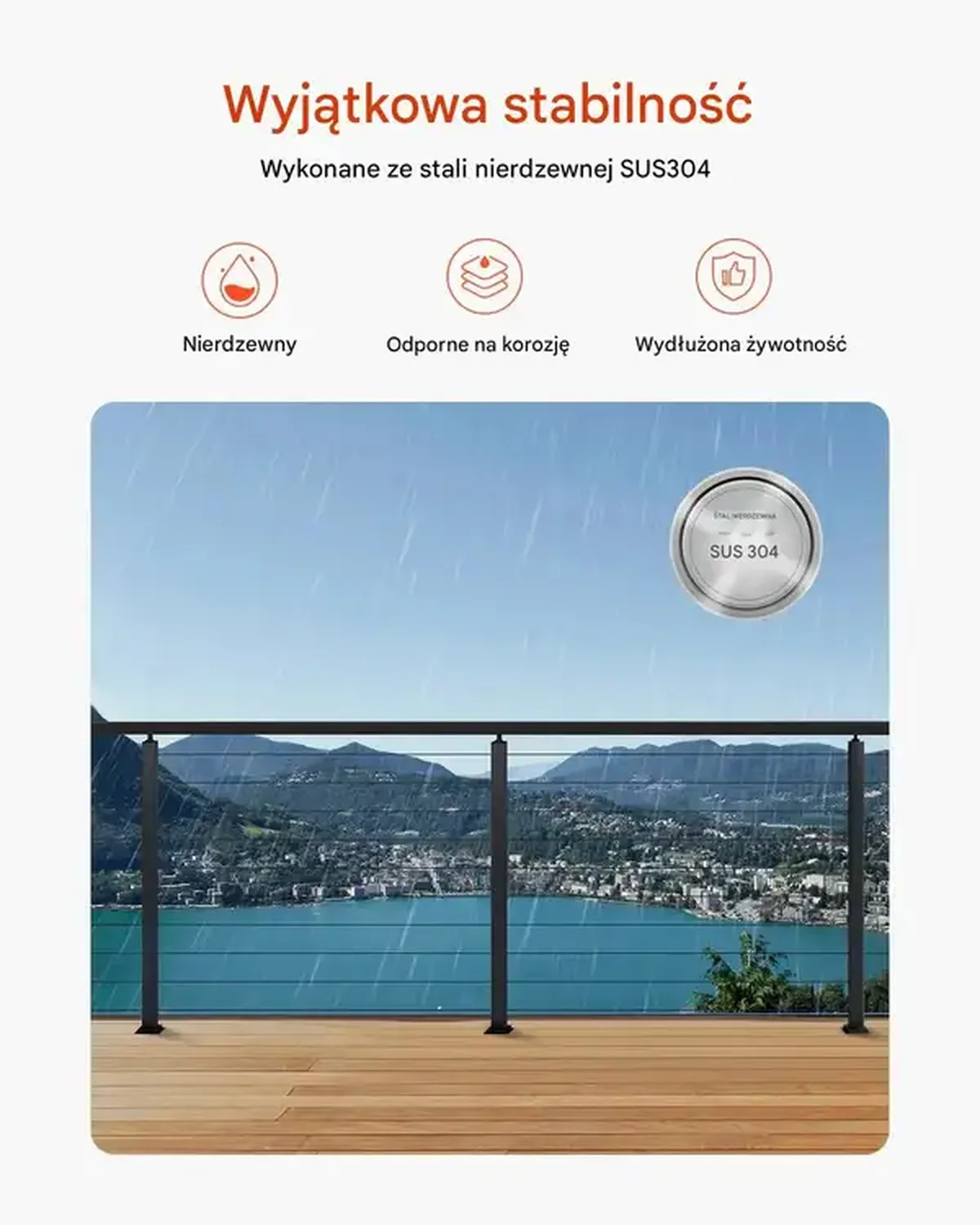 Słupki balustrady linowej 91 cm stal nierdzewna, otwory montażowe, czarne - obrazek 3