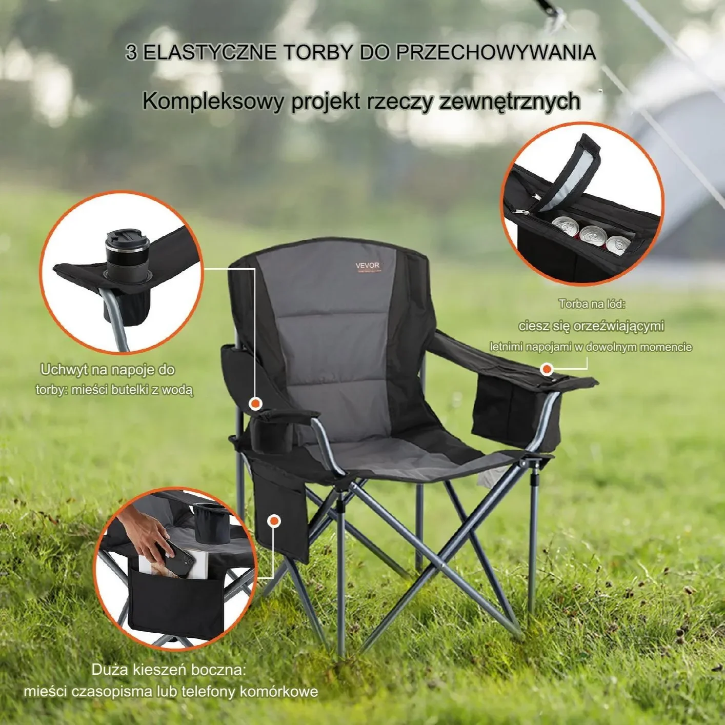 Krzesło turystyczne wędkarskie kempingowe składane czarne - obrazek 3