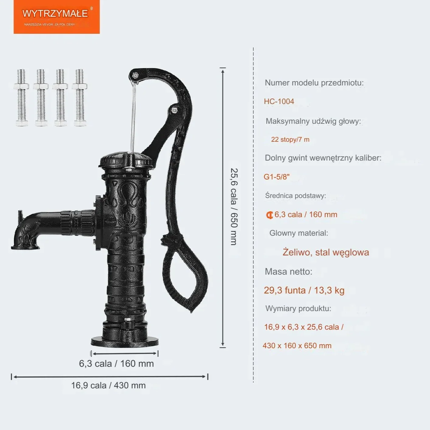 Pompa ręczna ogrodowa żeliwna 65 cm