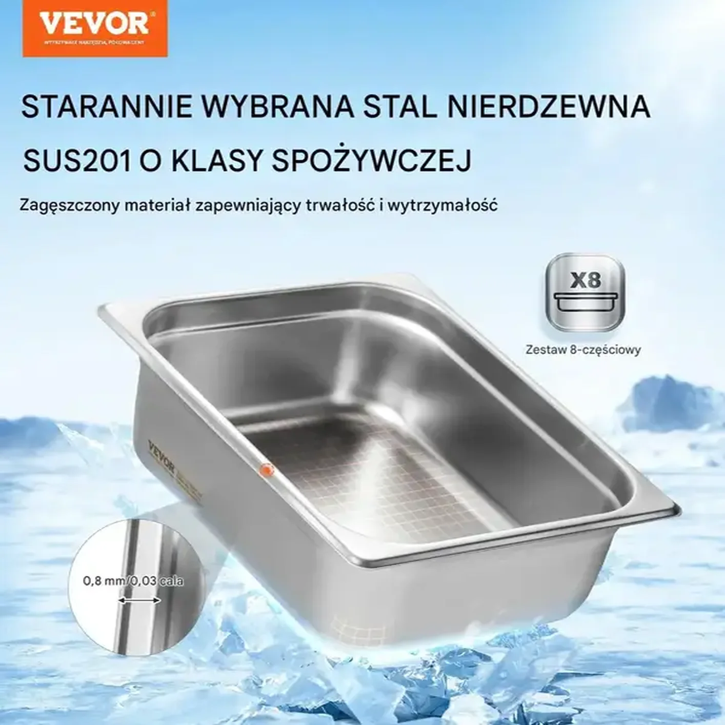 Pojemniki gastronomiczne GN 8 szt. z pokrywami stal nierdzewna do cateringu - obrazek 3