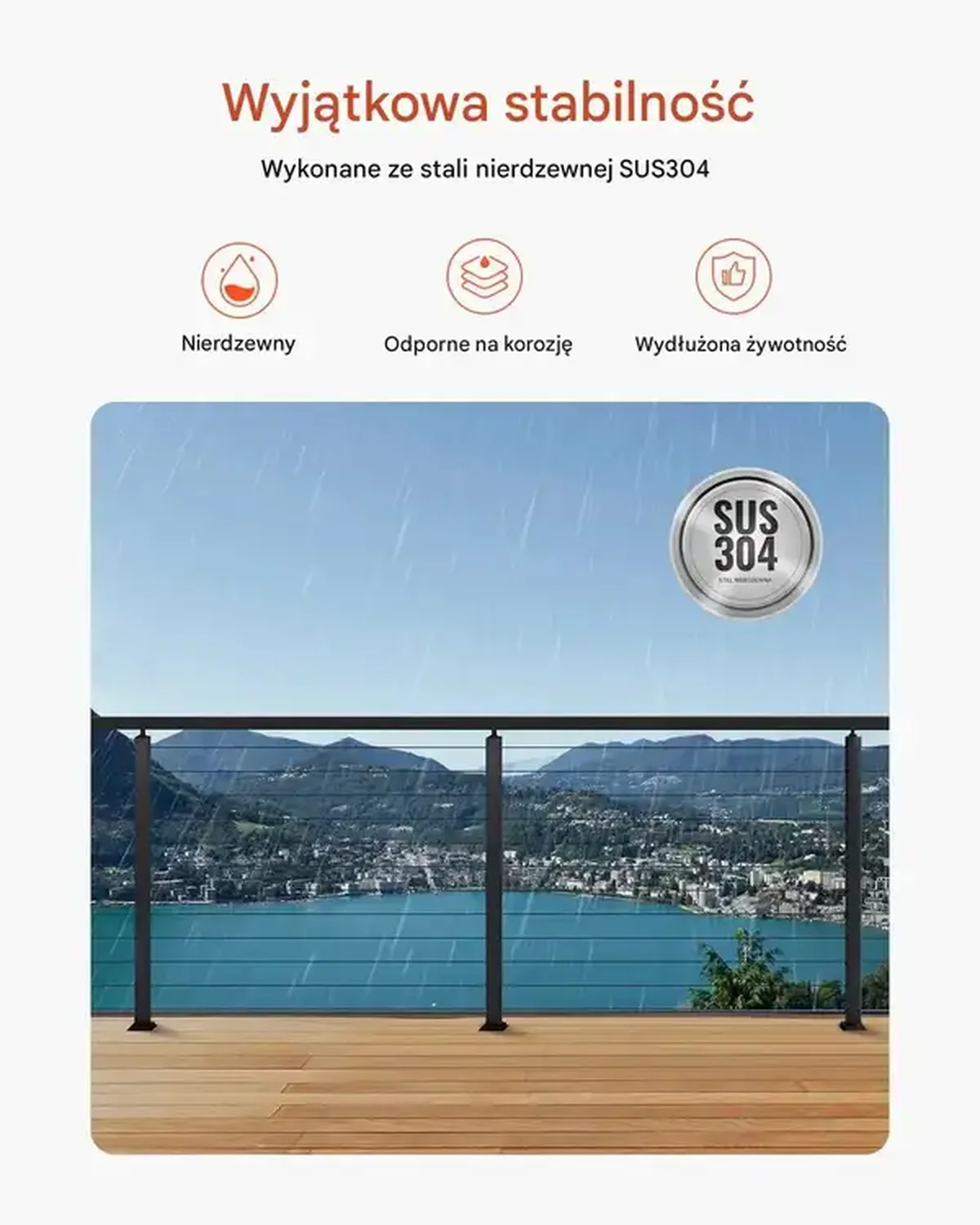 Słupki balustrady linowej 4 szt. stal nierdzewna, otwory montażowe czarne - obrazek 3