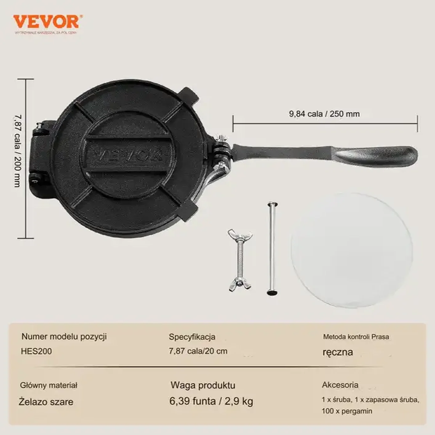 PRASA DO TORTILLI RĘCZNA PRASKA ŻELIWNA DO PLACKÓW NALEŚNIKÓW KEBABA 20CM - obrazek 2