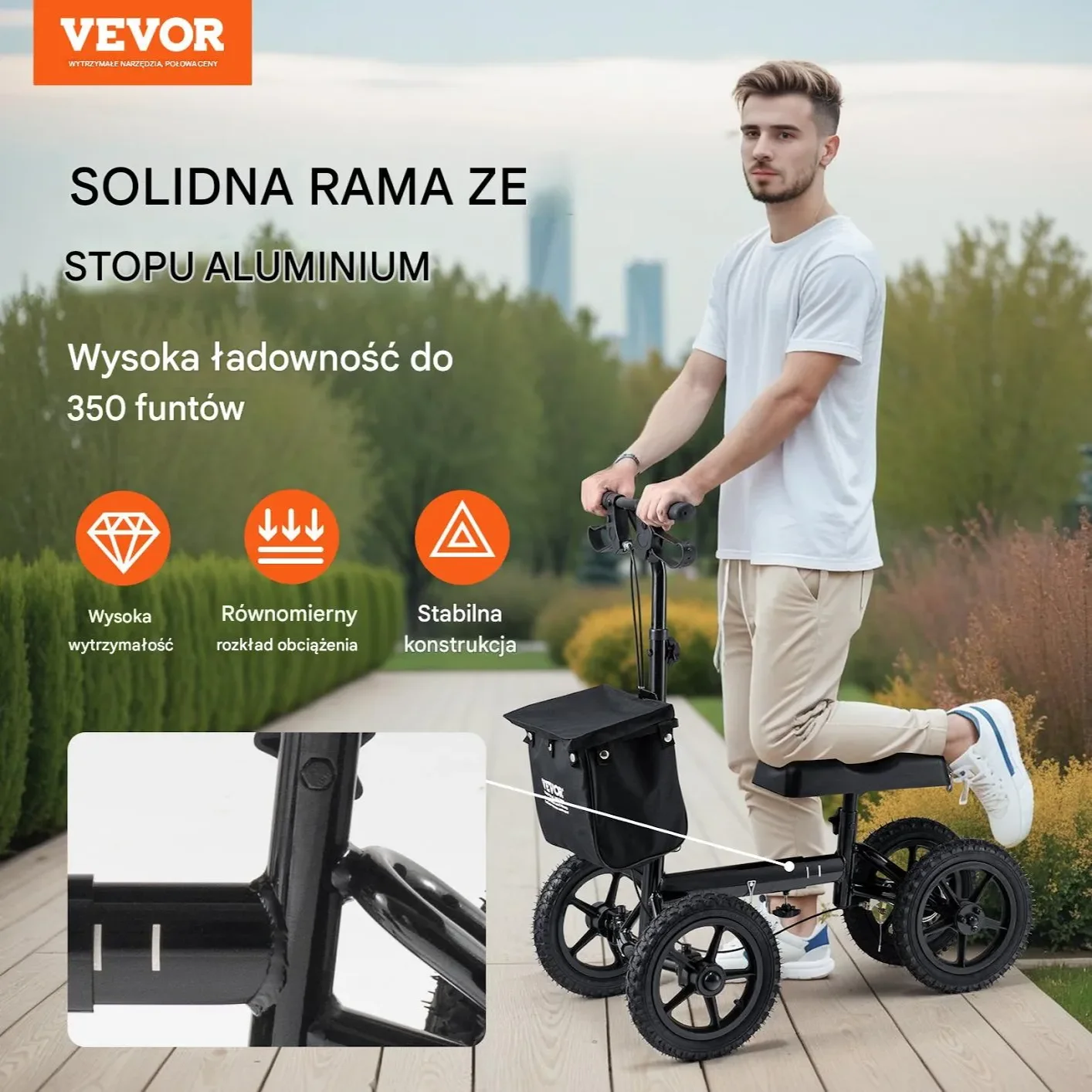 Skuter rehabilitacyjny kolanowy składany stalowy regulowany 12" koła - obrazek 3