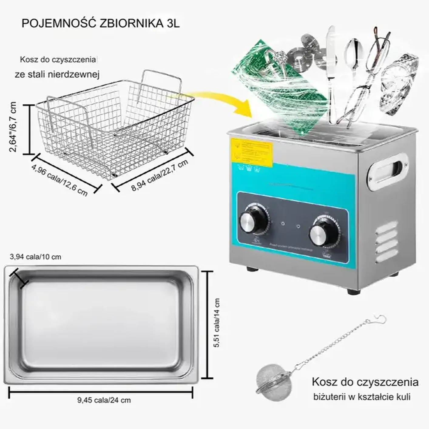 Myjka Ultradźwiękowa do czyszczenia biżuterii okularów 3L - obrazek 2