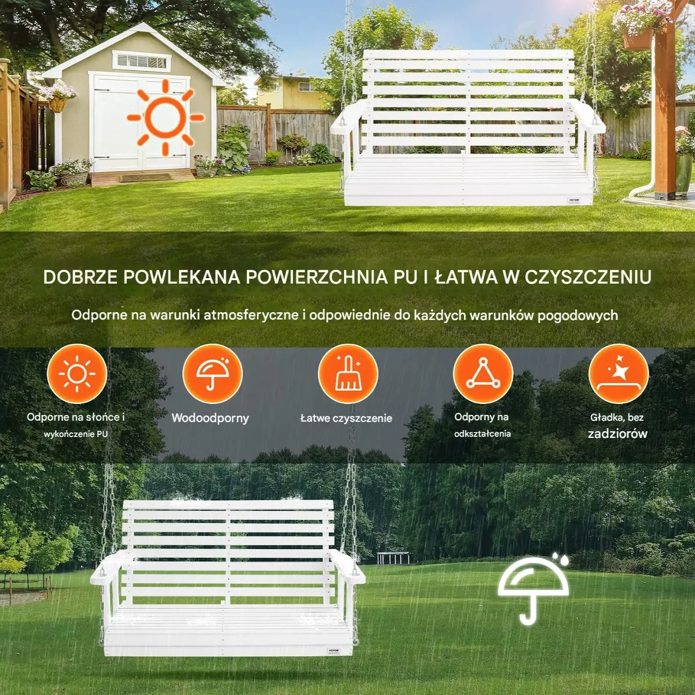 Huśtawka ogrodowa 120cm drewniana biała 400kg łańcuchy altana taras - obrazek 2