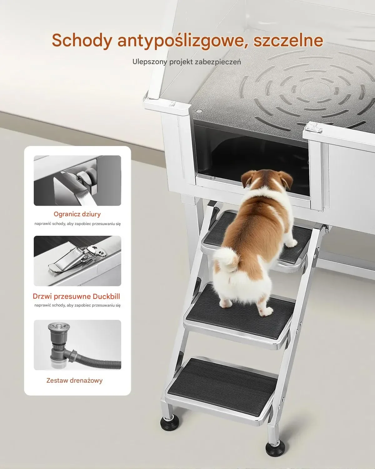 Wanna groomerska 96,5cm stal nierdzewna antypoślizgowe schody drzwi prawe - obrazek 3