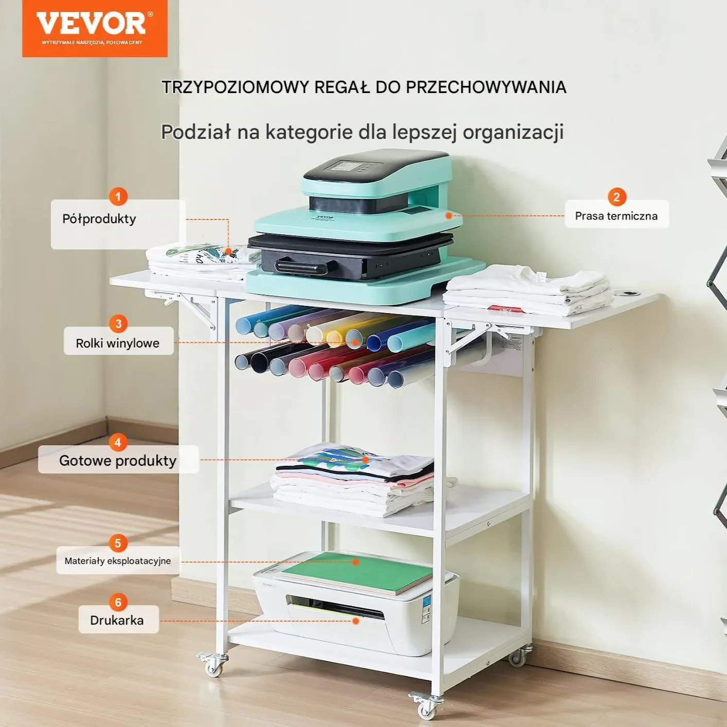 Stół do prasy termicznej 3-poziomowy mobilny stojak biały - obrazek 6