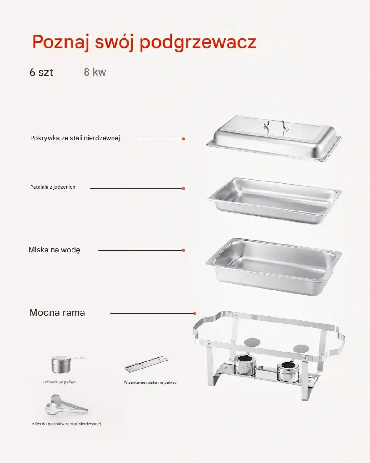 Zestaw do bufetu 6-pojemników podgrzewaczy 8 QT stal nierdzewna do przyjęć - obrazek 5