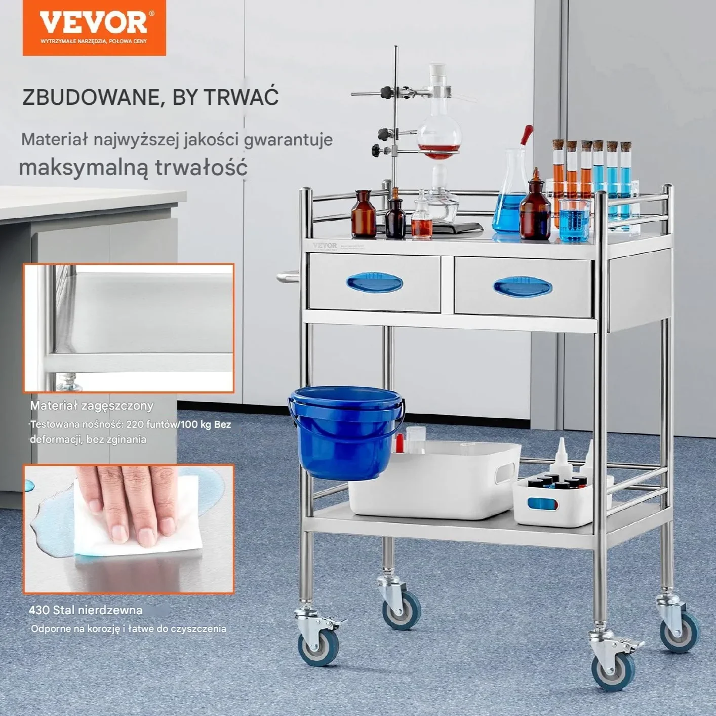 Wózek laboratoryjny medyczny – 2 poziomy 2 szuflady stal nierdzewna - obrazek 6