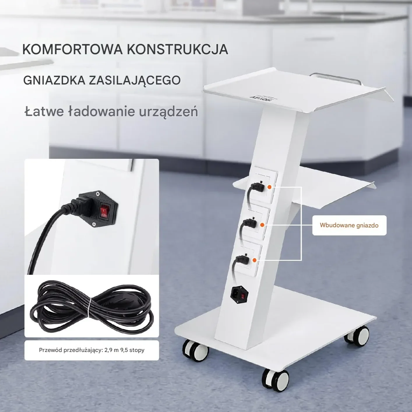 Wózek dentystyczny 3-poziomowy mobilny z gniazdkiem do gabinetu - obrazek 2
