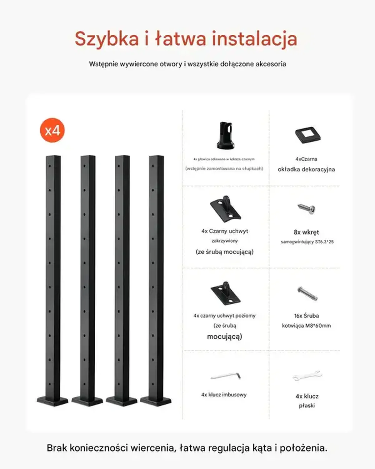 Słupki balustrady linowej 91 cm stal nierdzewna, otwory montażowe, czarne - obrazek 6