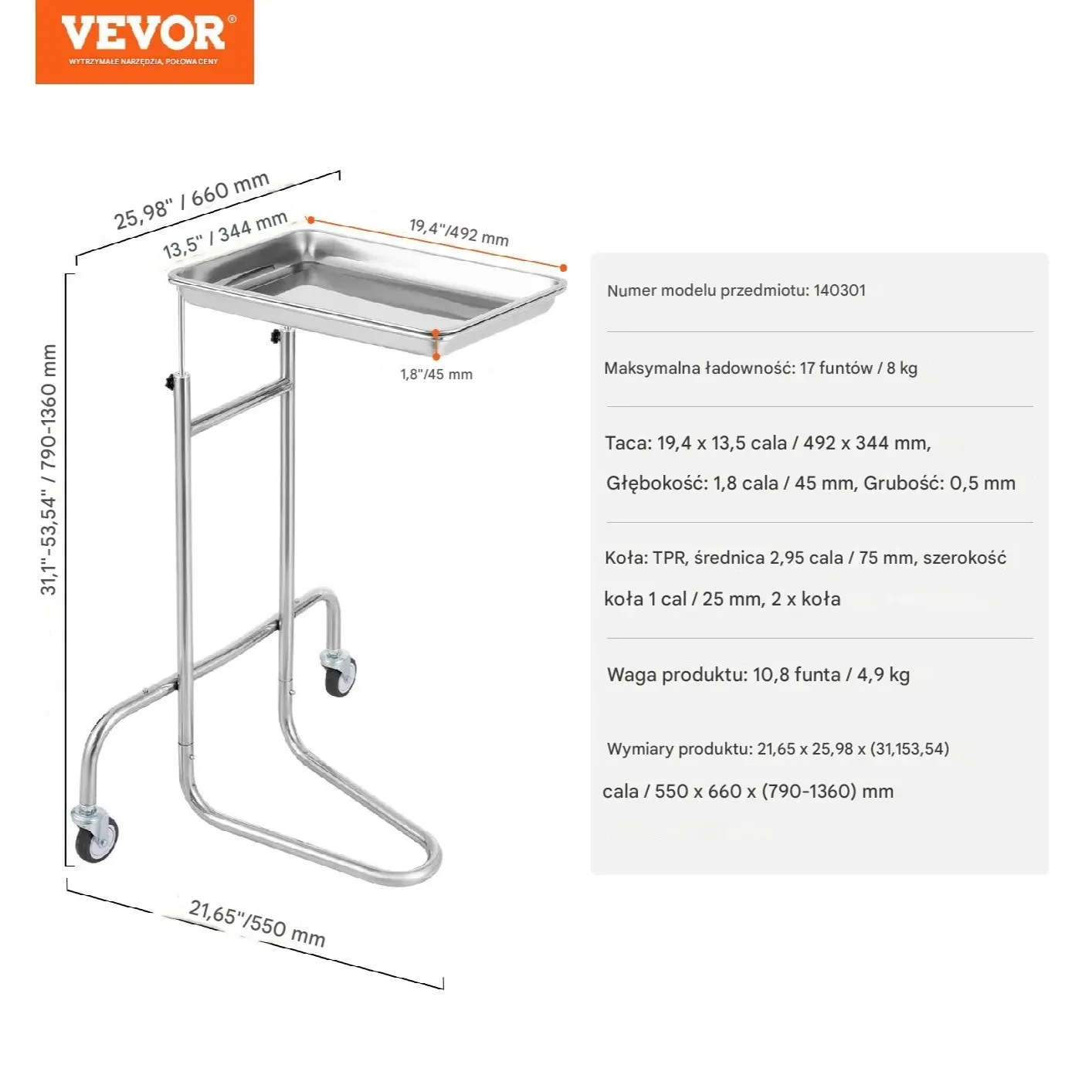 Wózek laboratoryjny stalowy nierdzewny – taca ciche koła