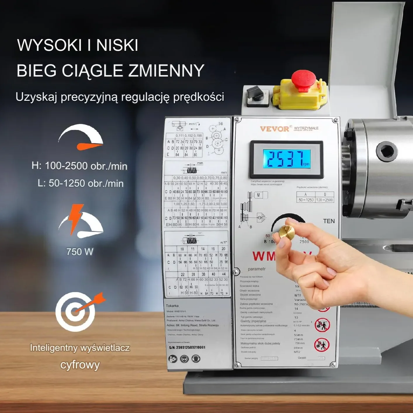 Tokarka do metalu 21x75cm 750W 0-2500obr/min bezszczotkowa zestaw narzędzi - obrazek 5