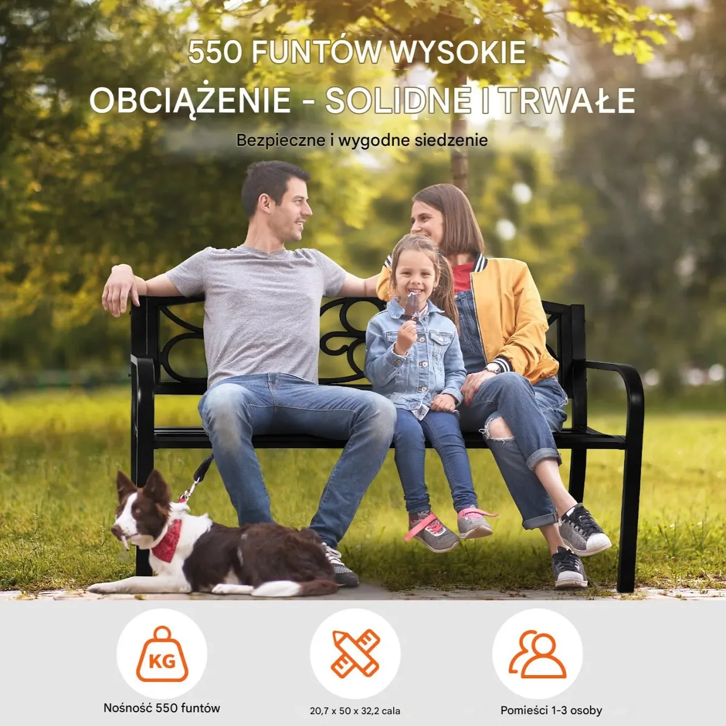 Ławka ogrodowa 127 cm - metalowa 250 kg - z oparciem i podłokietnikami - obrazek 2