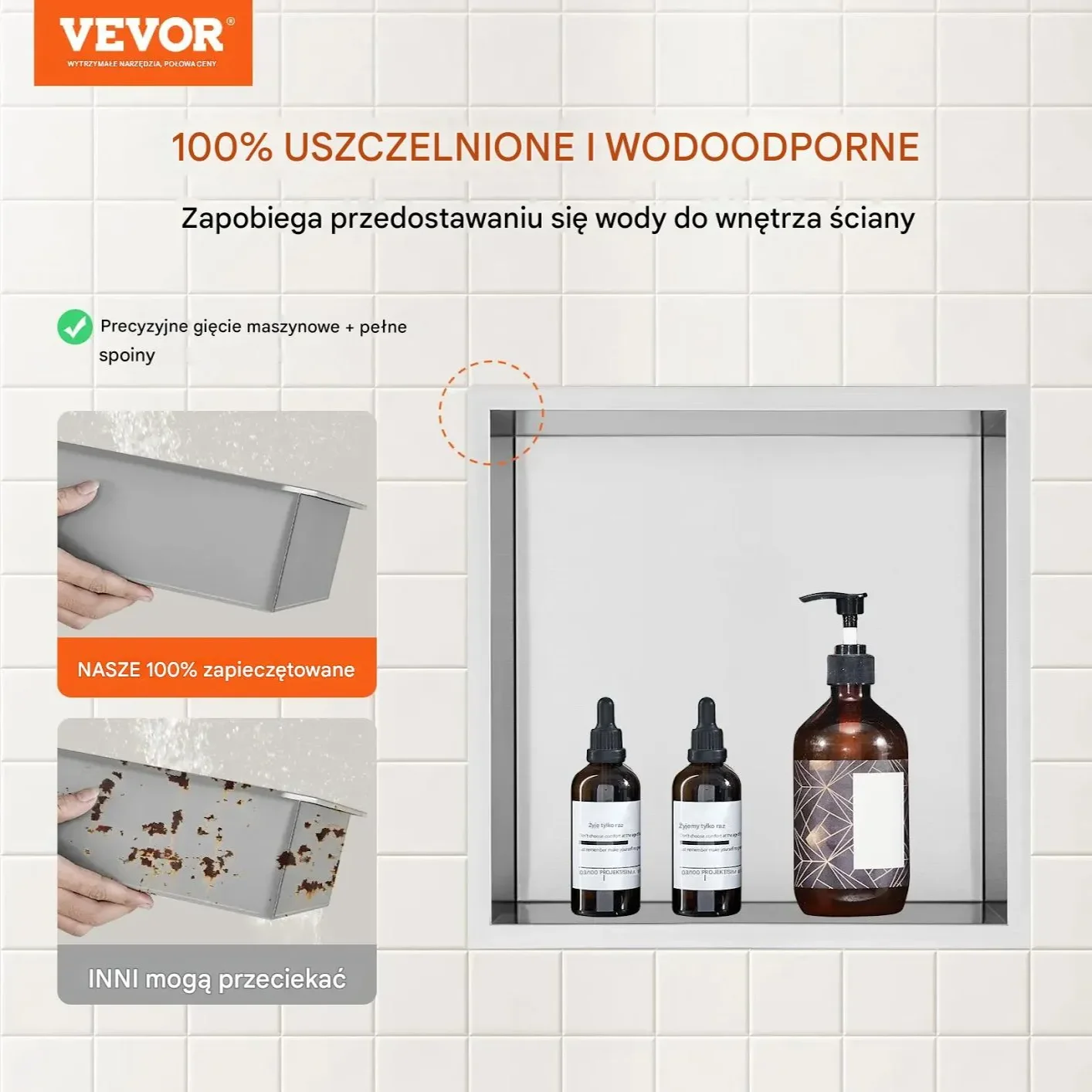 Półka wnękowa prysznicowa 33x33 cm stal 304 wodoodporna podwójna bez płytek - obrazek 2