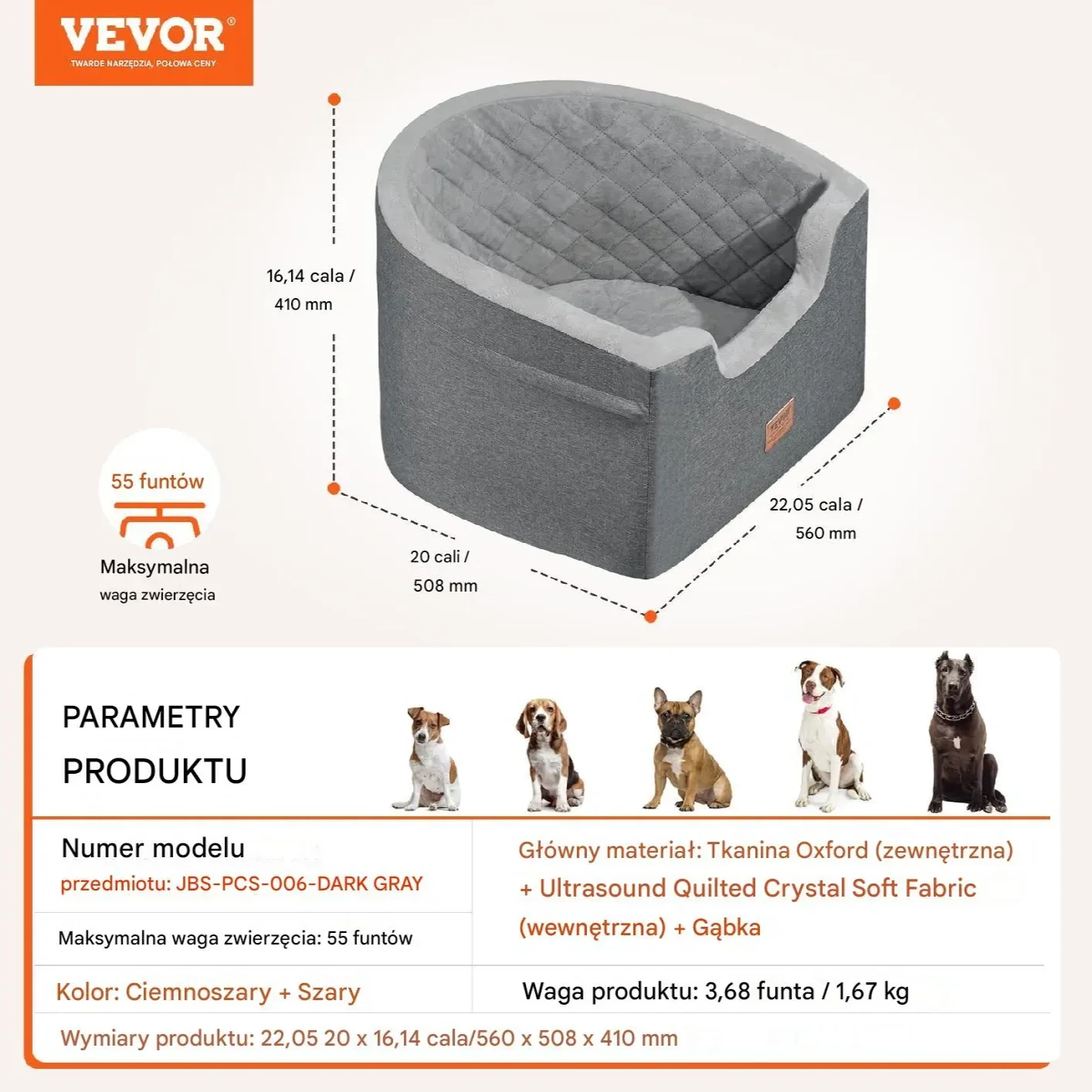 Fotelik samochodowy XL dla psa kota Transporter samochodowy Ciemnoszary