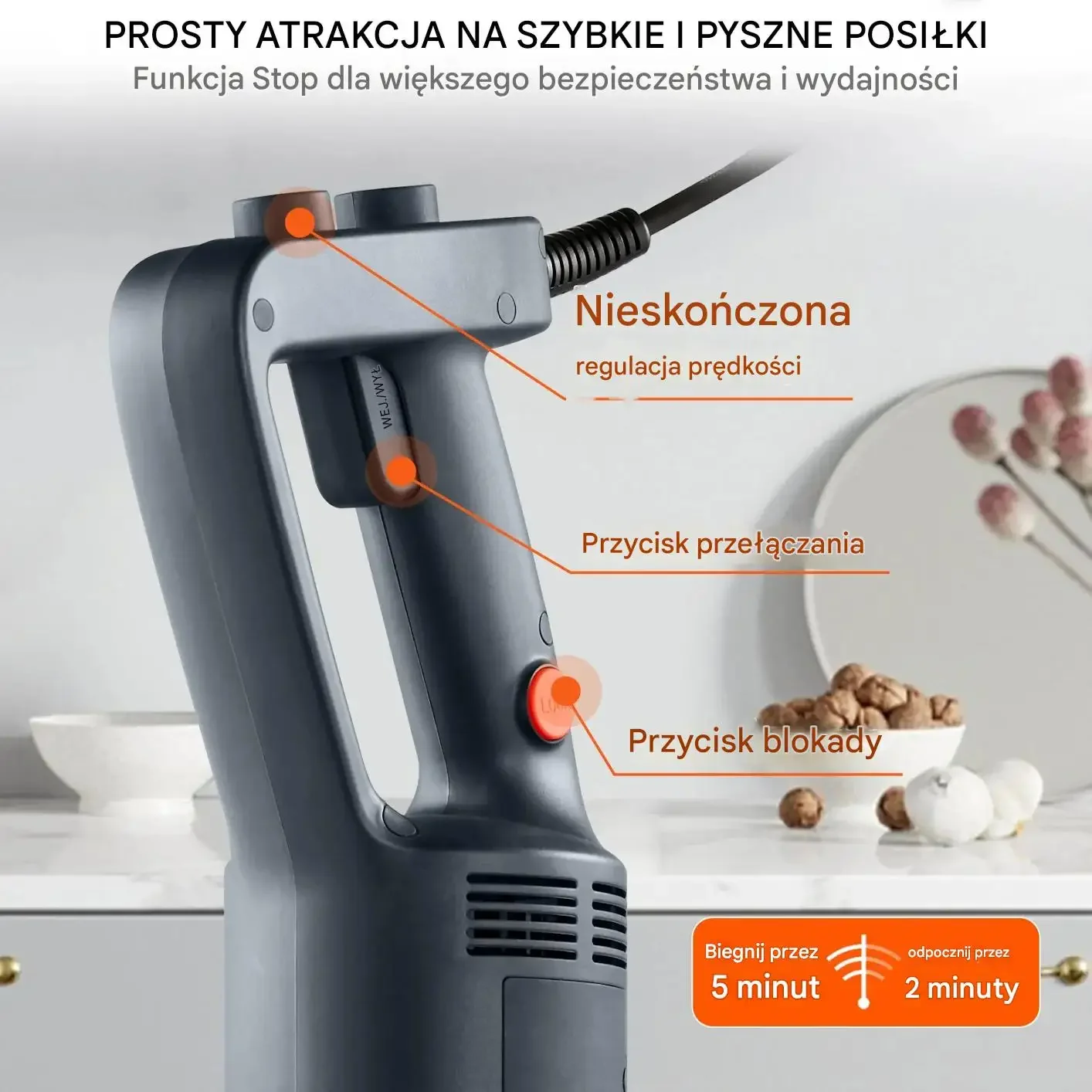Blender ręczny 750W stal nierdzewna regulowany do zup smoothie puree - obrazek 3