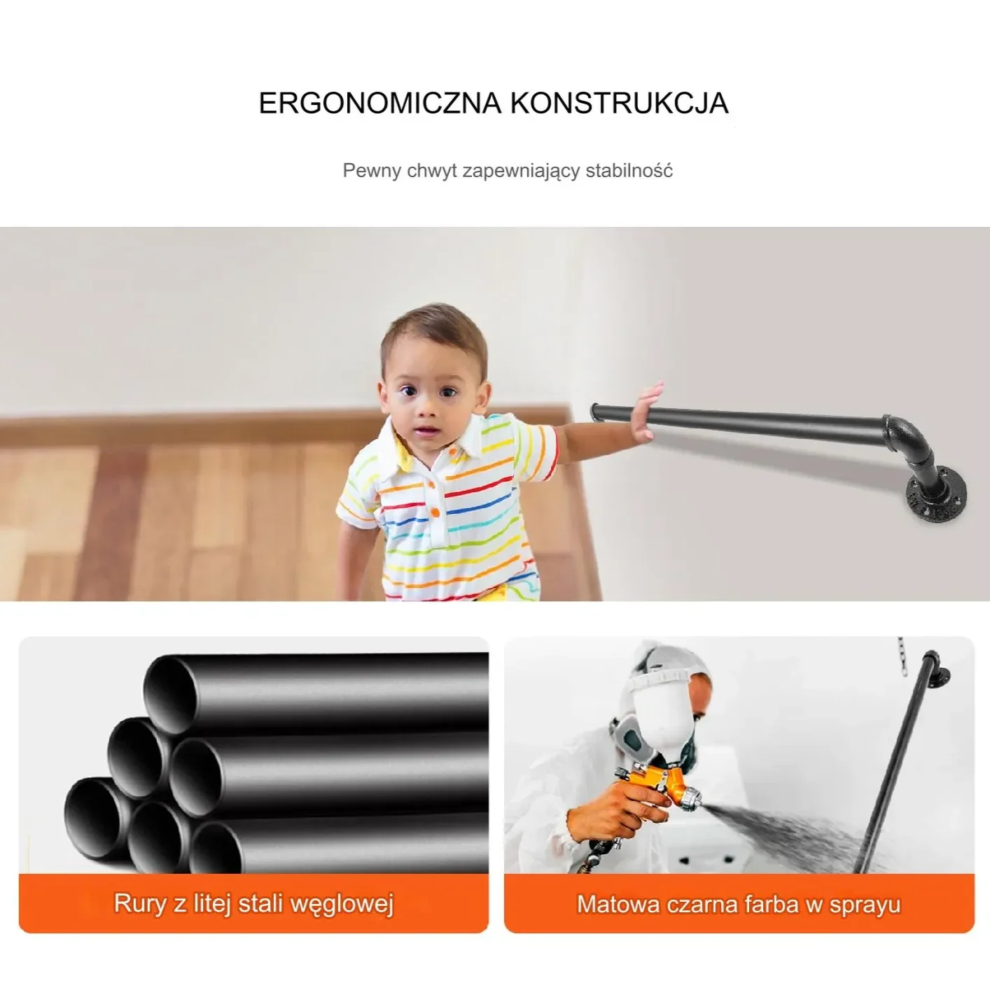 Poręcz schodowa 90cm stalowa ścienna rura montaż bezpieczeństwo wewnętrzna - obrazek 5