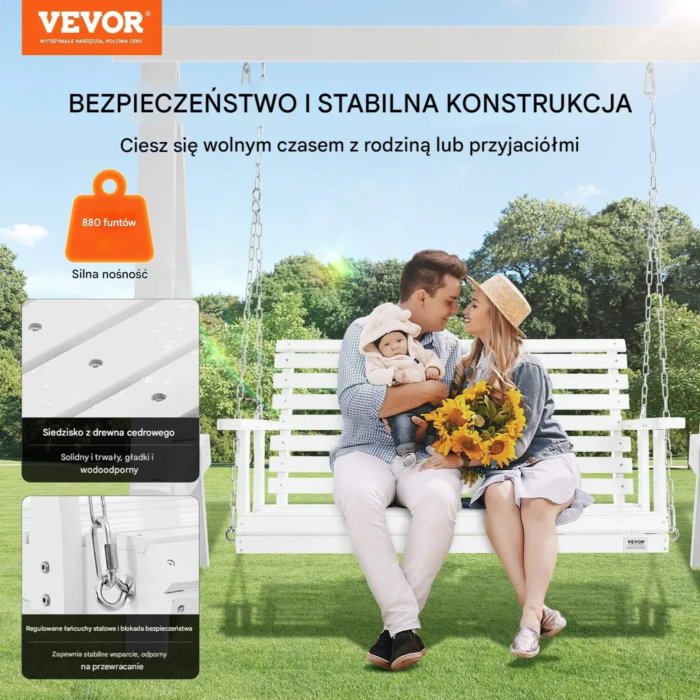 Huśtawka ogrodowa 120cm drewniana biała 400kg łańcuchy altana taras - obrazek 6