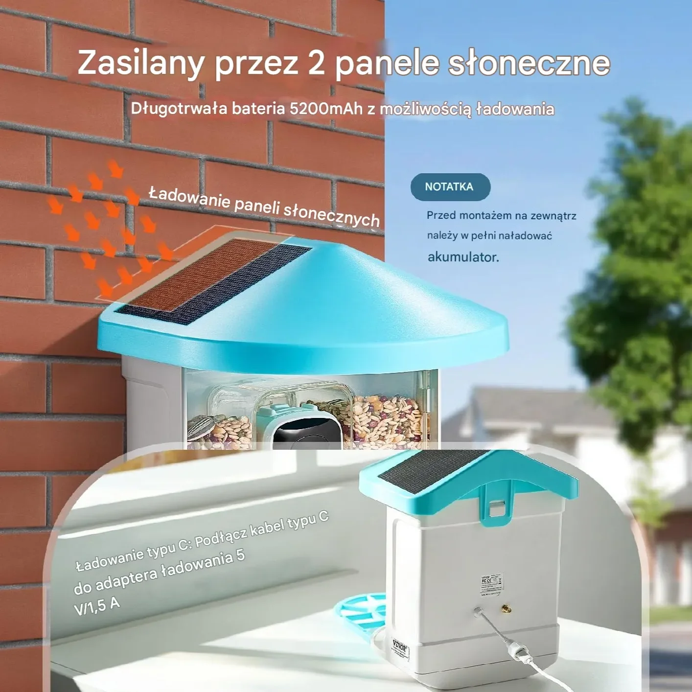 Karmnik z kamerą 2K AI solarny automatyczne nagrywanie ptaków wifi - obrazek 2