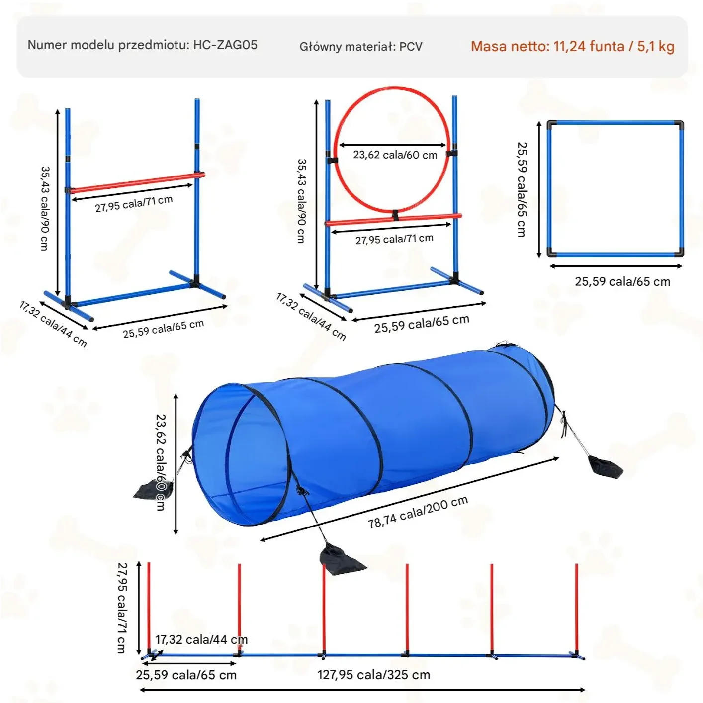 Sprzęt do treningu zwinności dla psa 5 elementów niebieski - płotki tunele