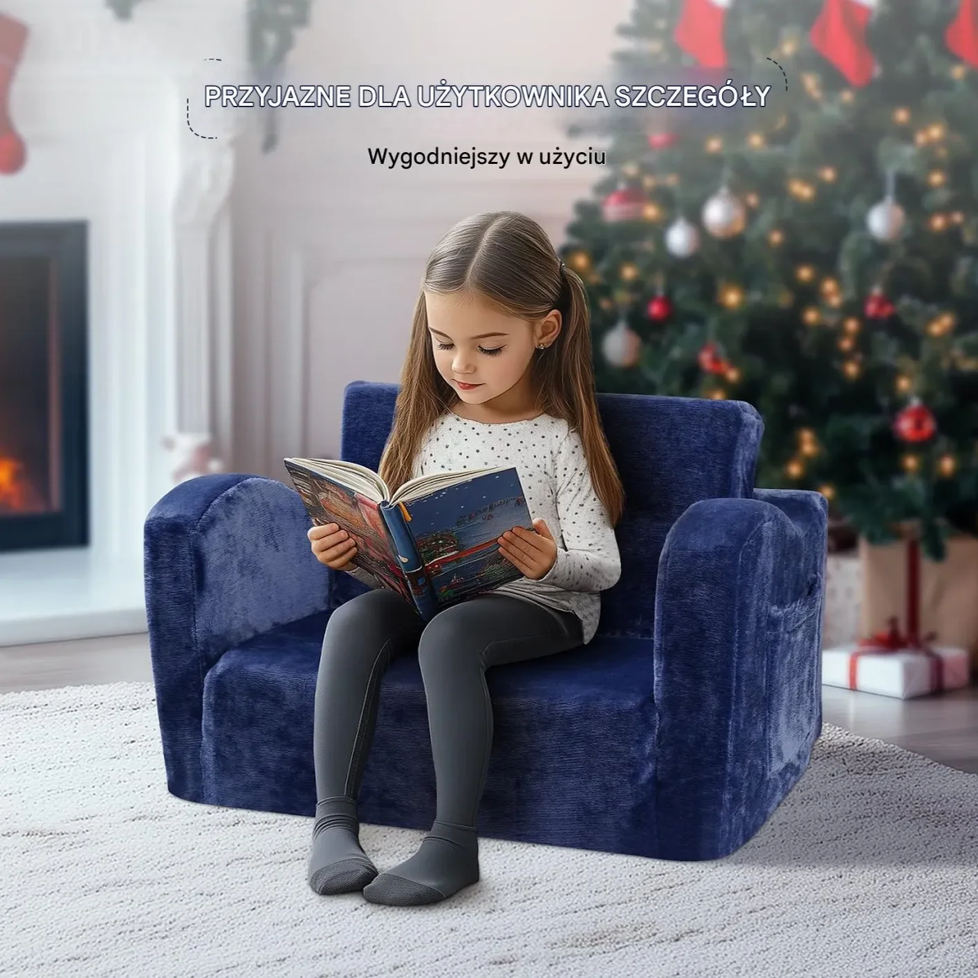 Fotelik dziecięcy składany 2w1 – kanapa sofa dla dzieci granatowa - obrazek 2