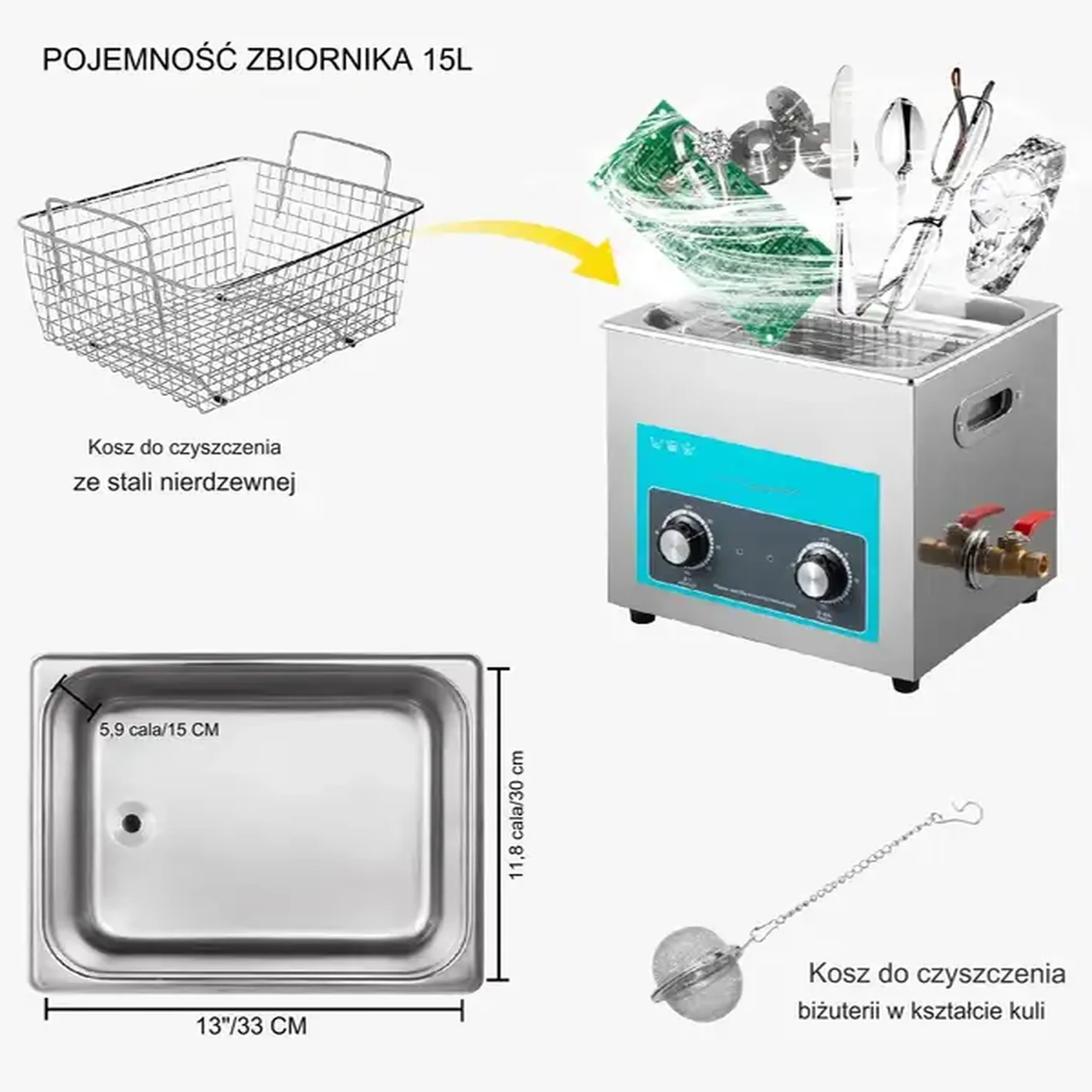 Myjka Ultradźwiękowa do czyszczenia biżuterii narzędzi 15L
