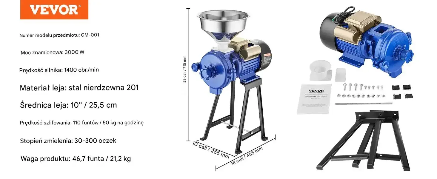 Młynek zbożowy elektryczny niebieski 3000W regulacja grubości pasza mąka