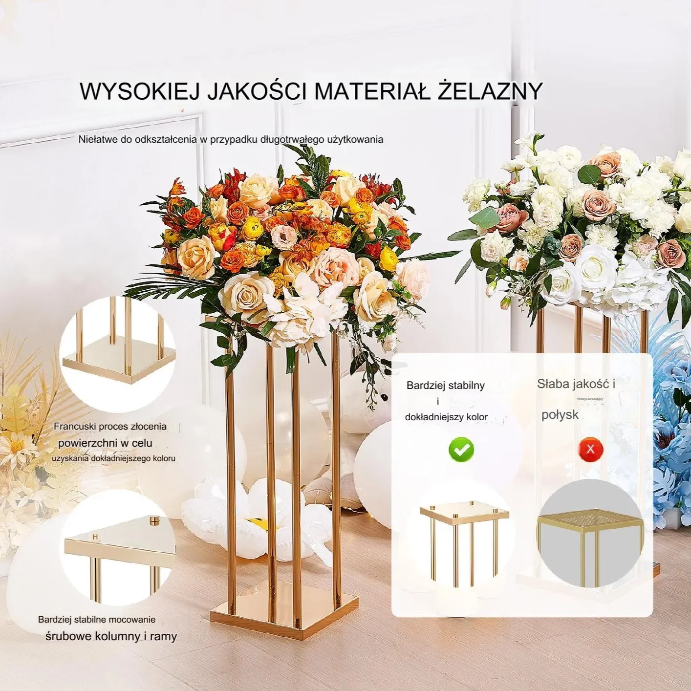Stojak weselny na salę złoty kolor ślub wesele kwietnik na kwiaty 4 sztuki - obrazek 6