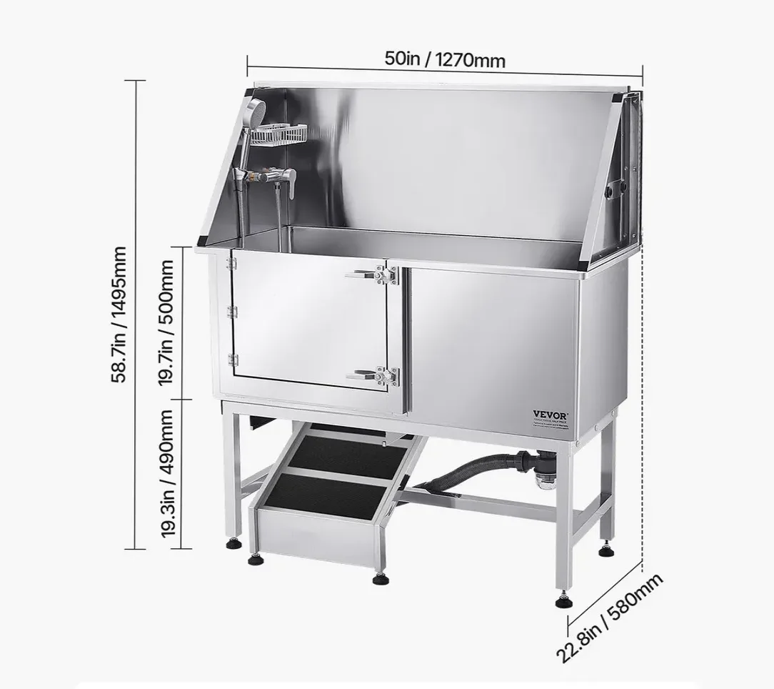 Wanna groomerska 127 cm stal nierdzewna rampa filtr prysznic drzwi lewe