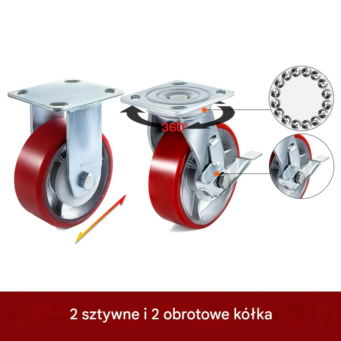 Koła do Mebli Rolki 20x25 cm 4 szt. PU z hamulcem 450 kg - obrazek 2