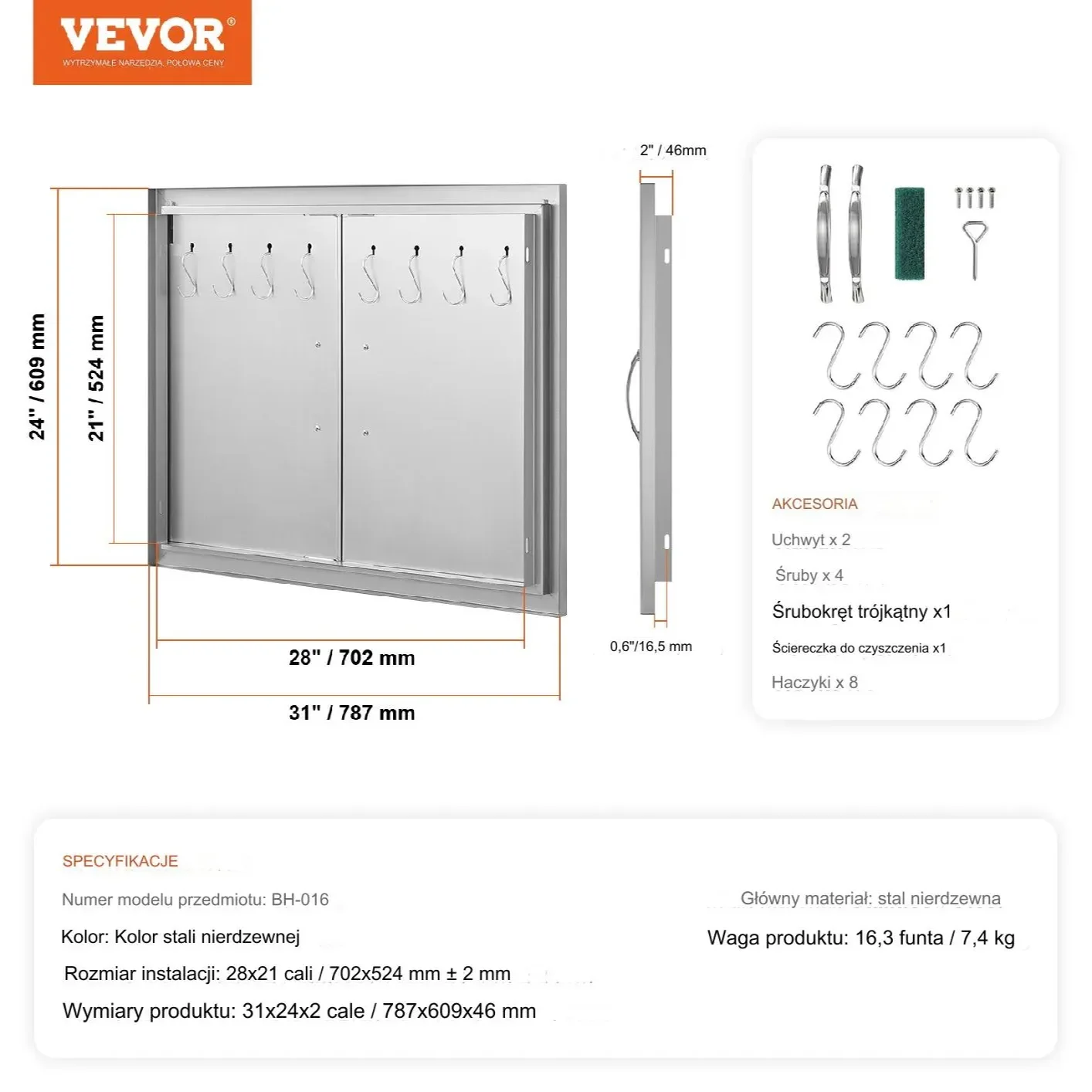 Drzwiczki do grilla 79x61 cm podwójne stal nierdzewna do kuchni zewnętrznej