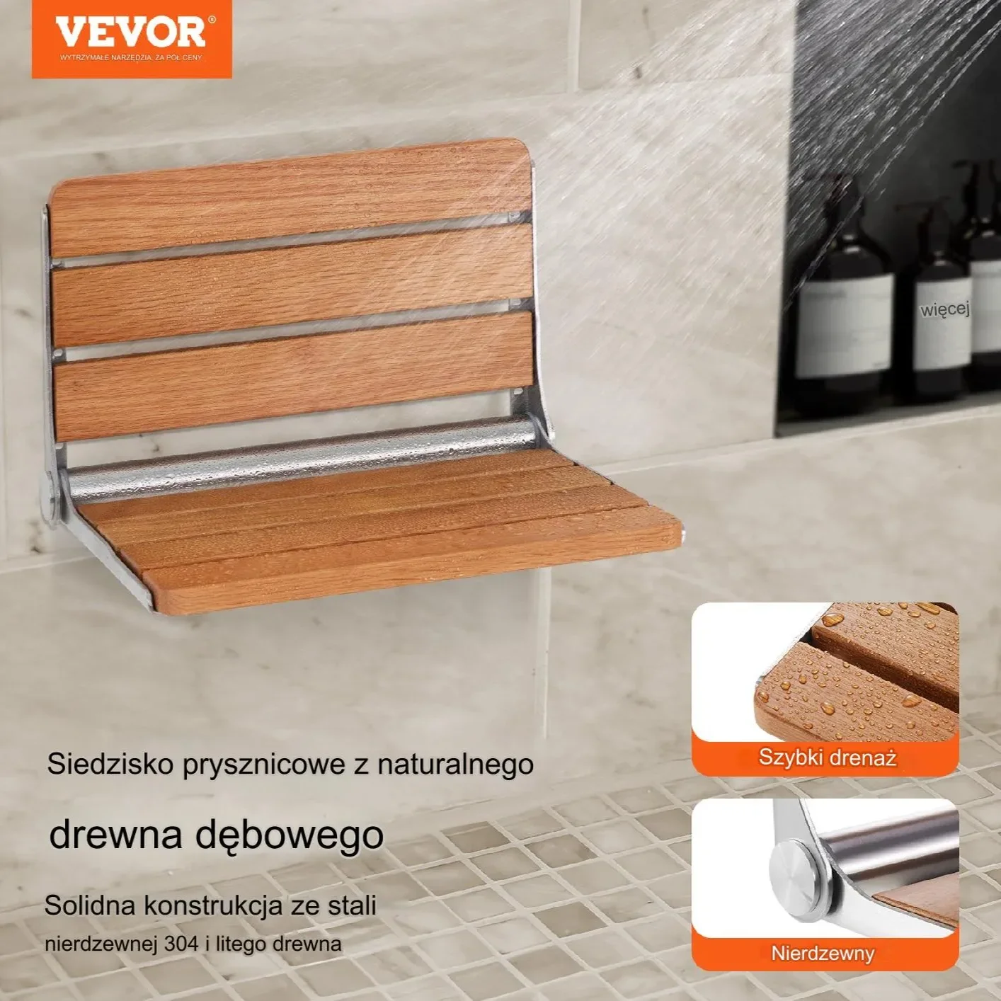 Składane siedzisko prysznicowe dębowe 41x34 cm montaż ścienny - obrazek 6