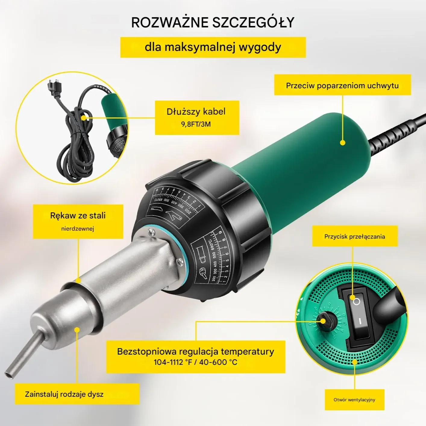 Zgrzewarka do folii PVC 1600W z regulacją temp. zestaw 8 końcówek 220V - obrazek 2