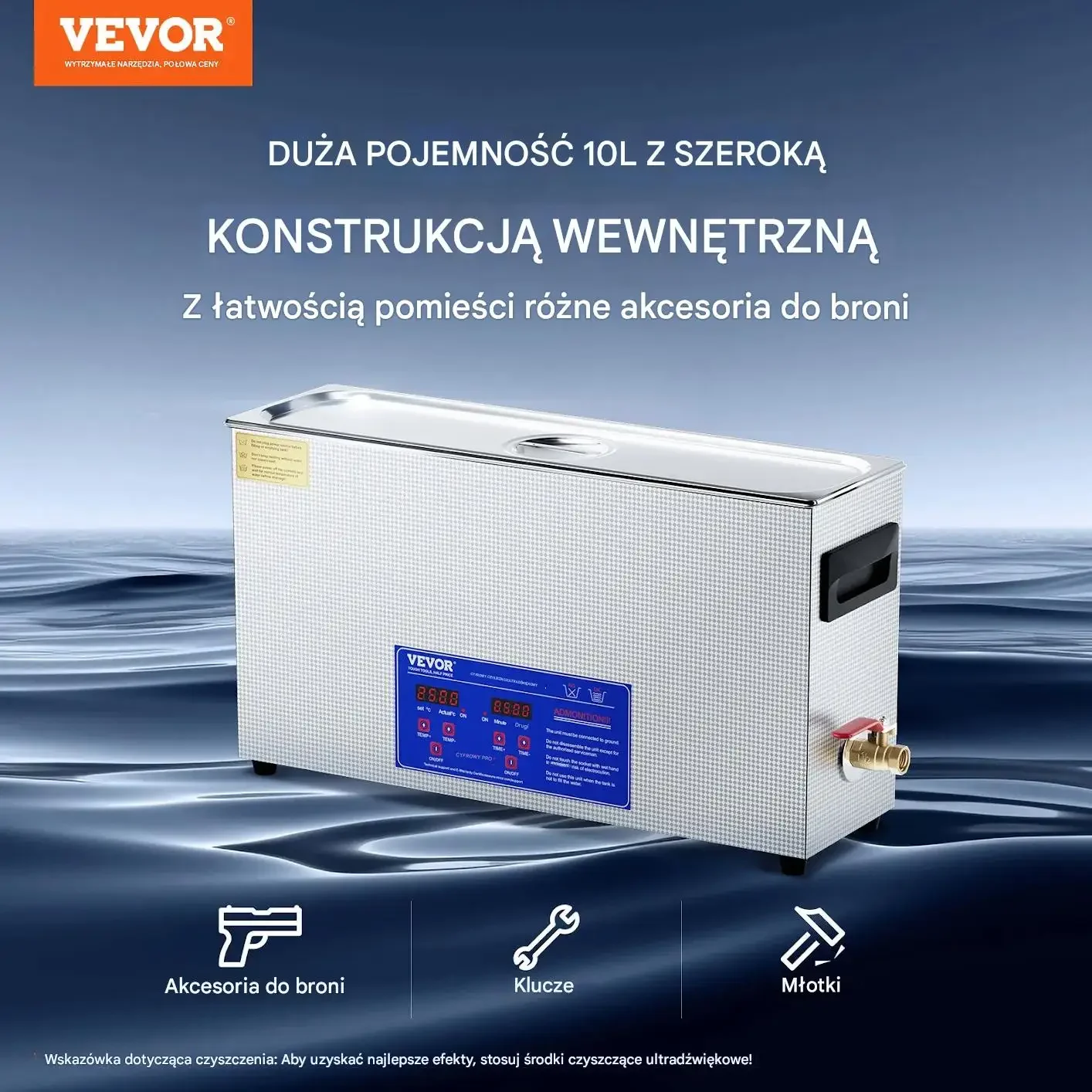 Myjka ultradźwiękowa 10L 300W 40kHz z grzałką i koszem do broni - obrazek 2