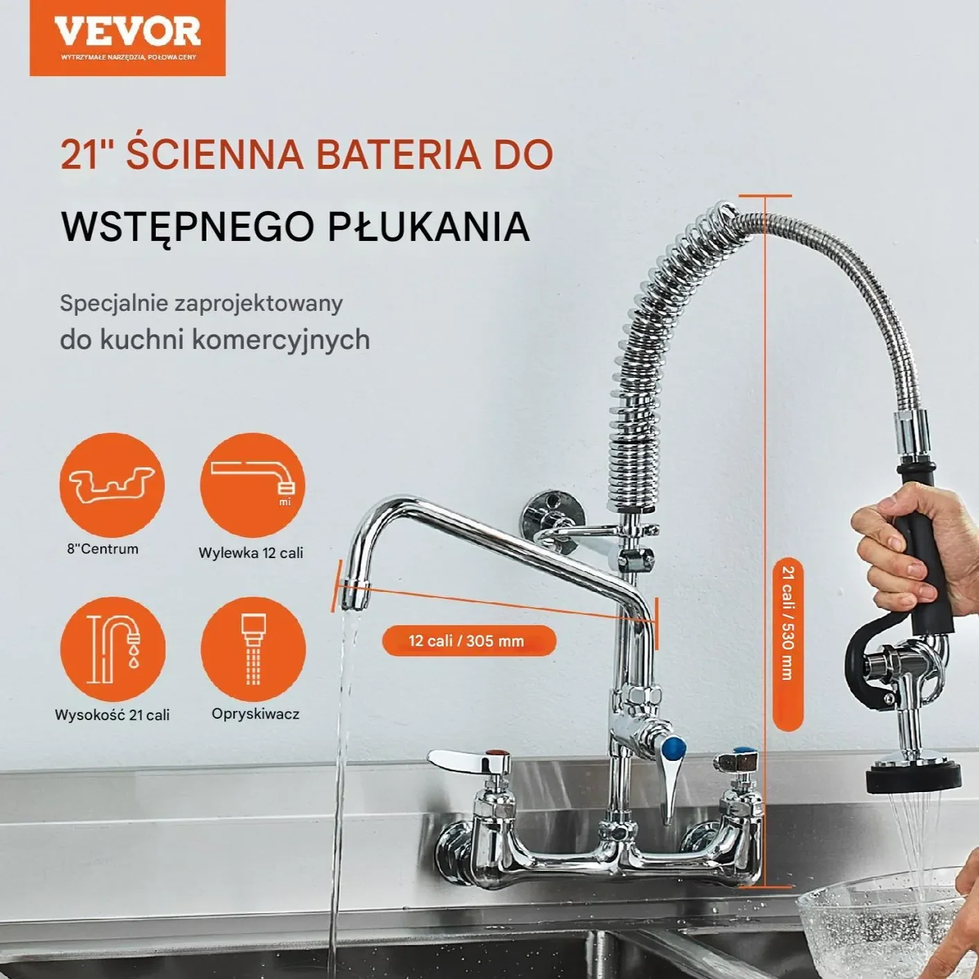 Komercyjna Bateria z Wylewką i Spryskiwaczem Pre-Rinse 530 mm - obrazek 6