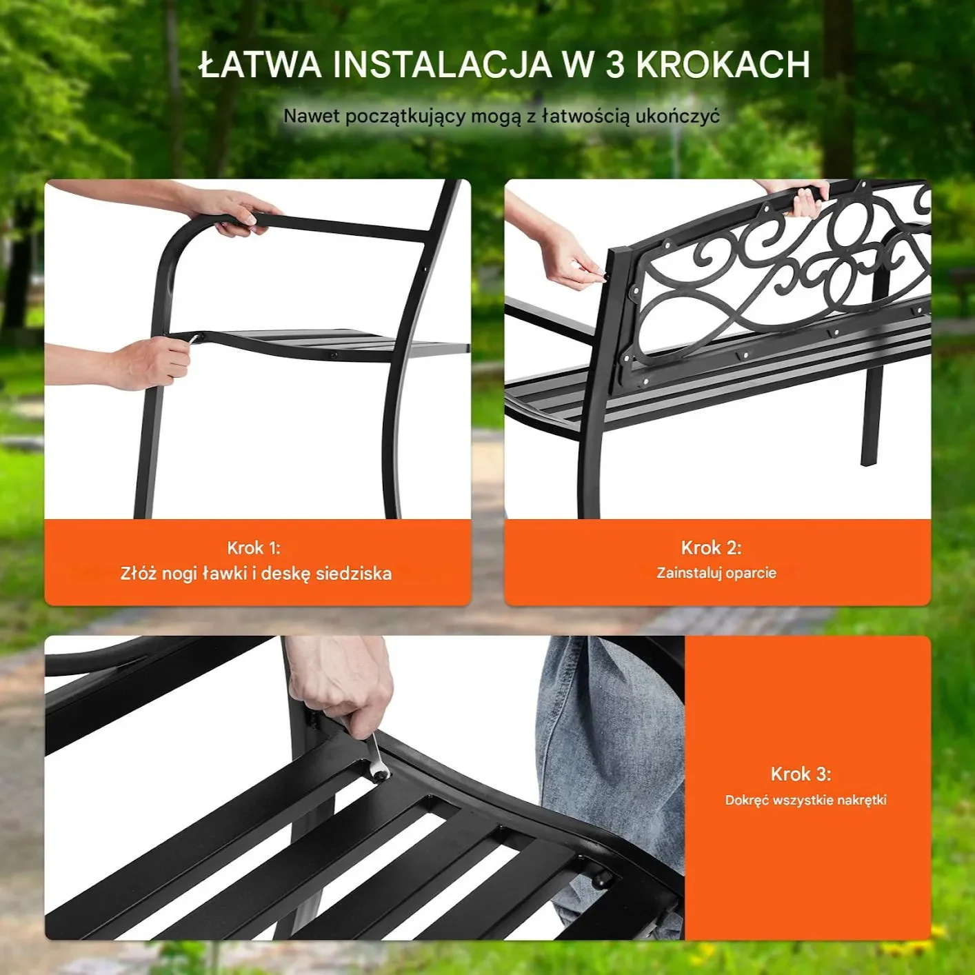 Ławka ogrodowa 127 cm - metalowa 250 kg - z oparciem i podłokietnikami - obrazek 4