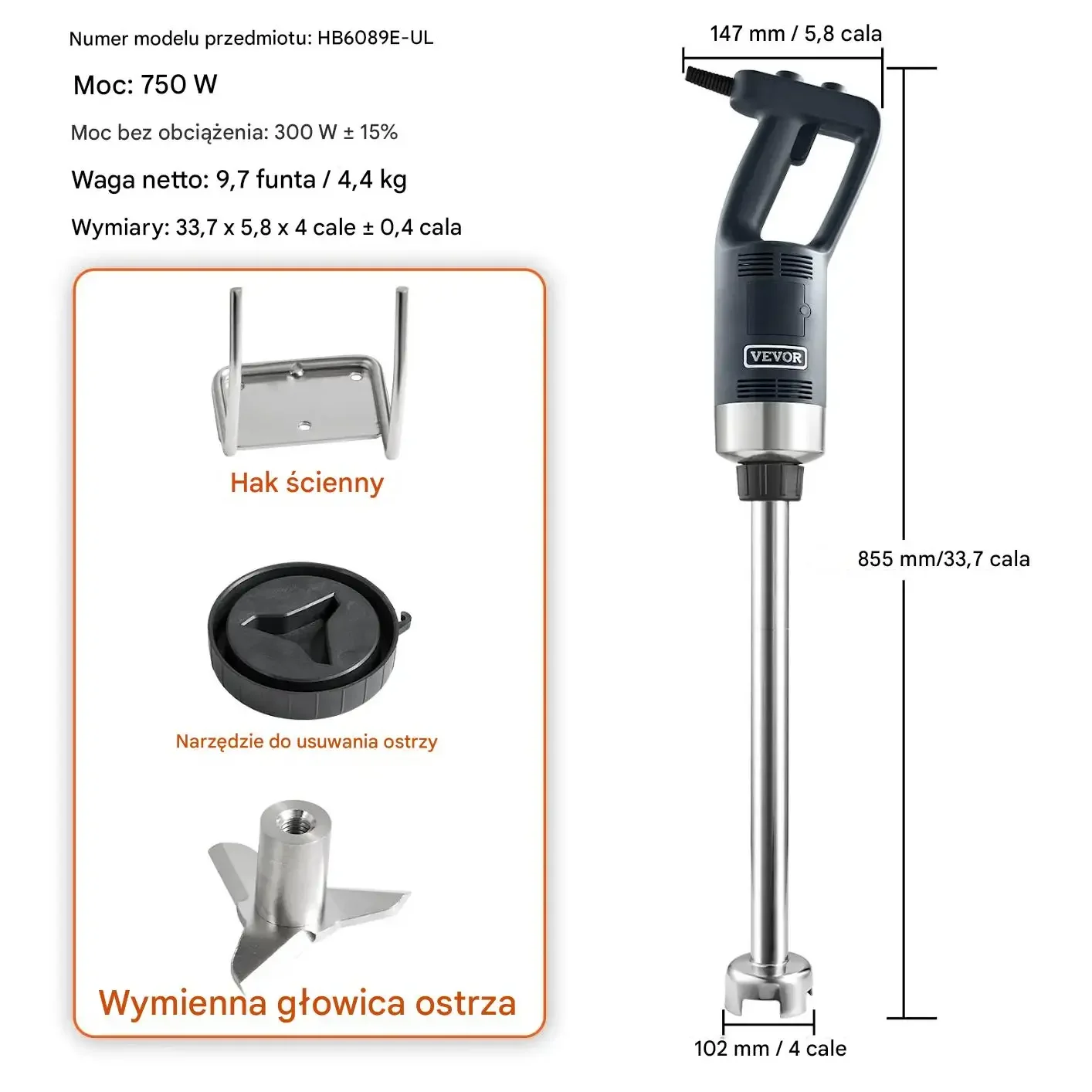 Blender ręczny 750W stal nierdzewna regulowany do zup smoothie puree